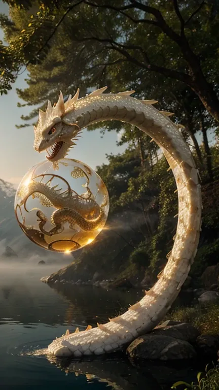 photorealistic, medium close up shot, a white snaky Chinese dragon with golden hairs, claws, fog, very long body, crystal sphere, trees, lakeside, golden hours.