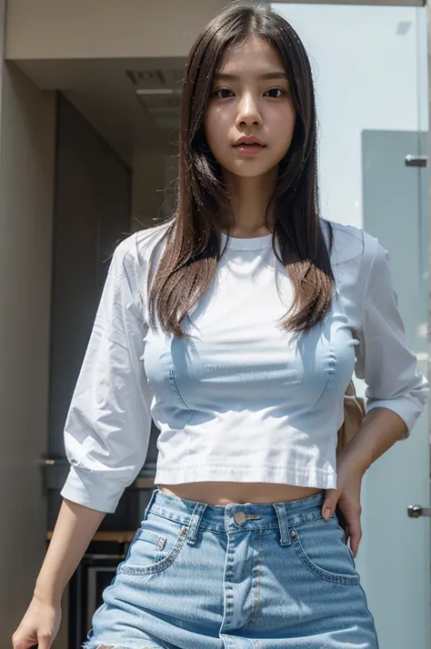 Taiwan angel face,Light blue waist-length straight hair,light denim skirt,white top,D cup