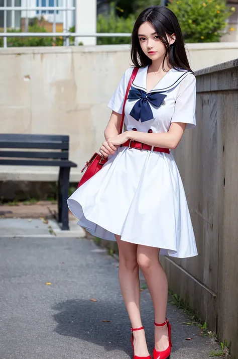 //Character 1girl, BREAK //Fashions Elegant Sainspired Dress, BREAK Opt for a dress with a sailor collar and nautical details, creating a refined and feminine silhouette, Red Bow Belt, Add a pop of color with a red bow belt to accentuate the waist and evok...