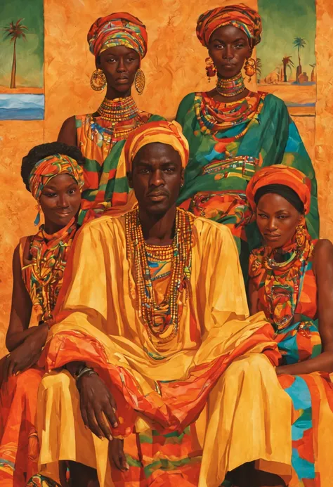 an African man sitting surrounded by 4 African women