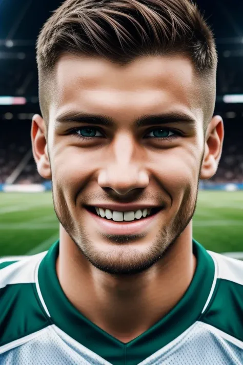 A 22-year-old brown-haired football player with a light smile and jealous aqua eyes poses confidently at the football stadium. His expressive face is captured in high definition, with textured skin that shines under the sun. The Canon or Nikon camera captu...