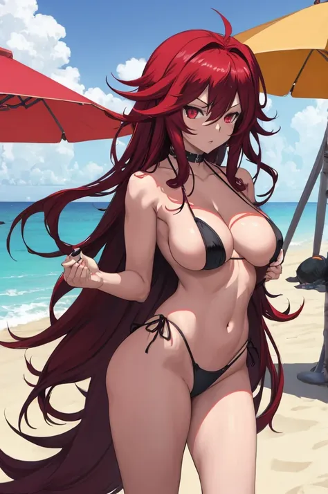 rias gremory on the beach , with black sexy bikini, topless,
