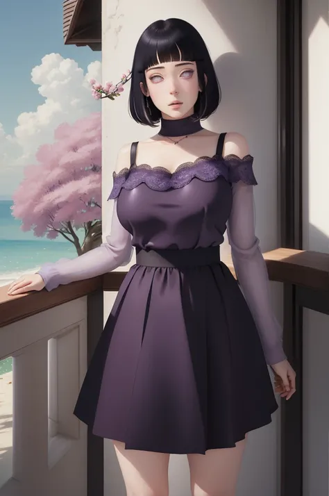 (masterpiece) (huge titusty, masterpiece, absurdres, hinata(boruto), 1girl, solo,mature female, off-shoulder bra, high waist short skirt, looking at viewelling petals), perfect composition, detailed lips, big breast, beautiful face, body propotion, blush, ...