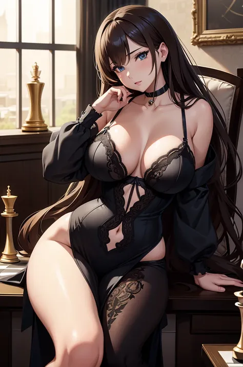 one Rebecca wearing black lingerie with gold accents, mature woman, long brown hair, blue eyes, sexy hourglass figure, sitting at a chess board, [ 4 k digital art ]!!, seductive anime girl, deviantart artstation cgscosiety, trending on cgstation, 8k high q...