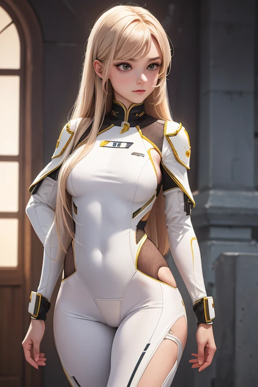 Best quality, 8k, pastel colors, woman,long hair, looking to observer,imperial soldier warrior,beige hi-tech armor over brown sheer nylon catsuit, static pose, white scenario