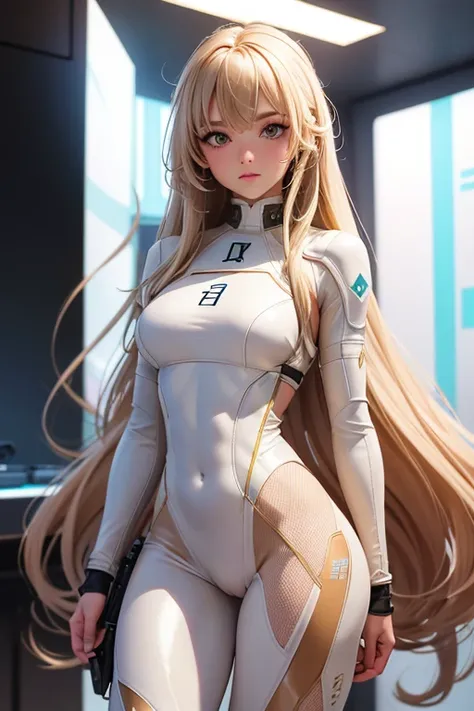 Best quality, 8k, pastel colors, woman,long hair, looking to observer,imperial soldier warrior,beige hi-tech armor over brown sheer nylon catsuit, static pose, white scenario