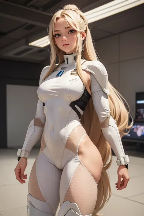 Best quality, 8k, pastel colors, woman,long hair, looking to observer,imperial soldier warrior,beige hi-tech armor over brown sheer nylon catsuit, static pose, white scenario