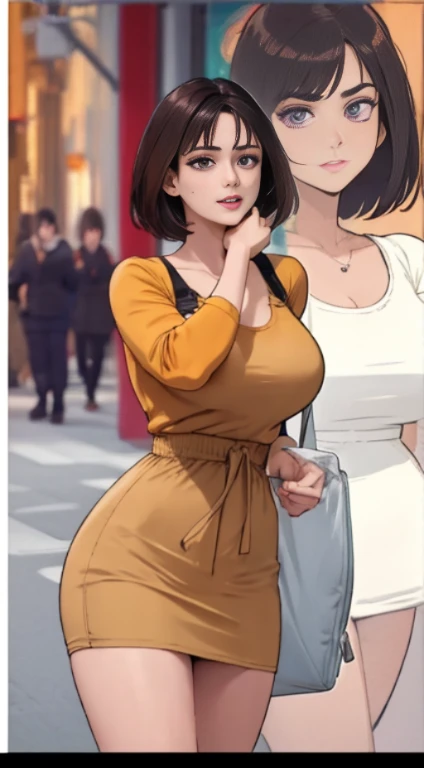 （1个Giant Breast Girl，tmasterpiece，（long leges，Long legs，short  skirt），best qualityer，Hyper-detailing，illustratio，Fine and detailed eyes and detailed face） allure：brunette color hair，Natural makeup，Random color clothes（Purple eye：1.05），Round chest，looking a...