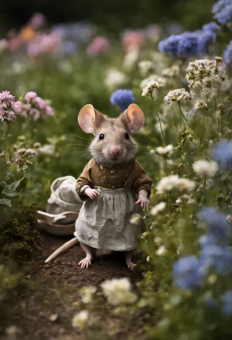 Extrememly realistic country mice dressed in pastel peasant dresses and bows in the style of Beatrix Potter , picking wildflowers black mountain college, bloomsbury group, portraiture style of edwardian beauty, layered textures , elegantly formal (Rembrand...