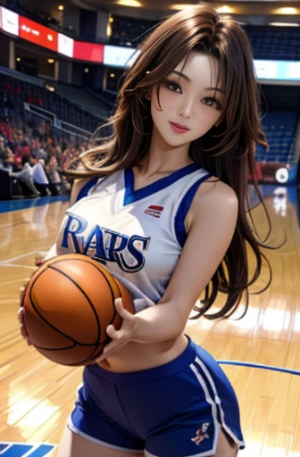 （8K，best qualtiy，tmasterpiece：1.2），（realisticlying，realisticlying：1.37），ultra - detailed，profesional lighting，basketball playground,Clear focus,rays of sunshine,1girll,美丽詳細な目，詳細な目, 二重まぶた,lewd poses,a narrow waist,,brown  hair,messy  hair,Long hair flutters...