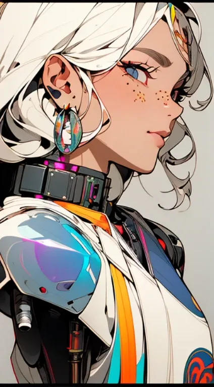 ((Cyberpunk style, robotic arm, holographic aura, surreal sci-fi art, futuristic sci-fi aesthetics)), Huge Breasts, (1 girl solo), close-up, (resolute eyes), (ancient Chinese clothes, white robe, embroidered collar Uesugi, white large-sleeved shirt, stream...