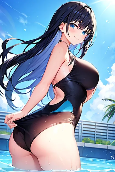 1girl, black hair, long hair, dark blue hair, large breasts, wide hips, ass, from behind, one-piece swimsuit, competitiom swimsuit, black swimsuit, blue trim, blue eyes, submerged, pool, smile