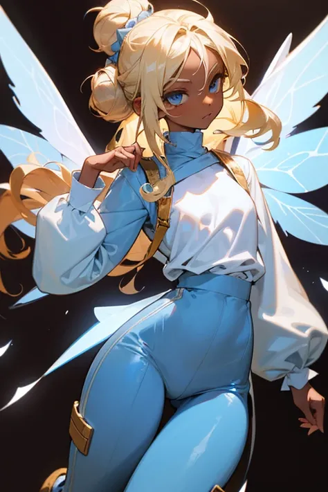 girl,blonde hair,dark skin,blue eyes,curly hair in messy buns,white sirt with blue details in a strapless blouse style with long sleeves,blues pants,brown boots,white fairy wings,black colar,skiny body,14 years old