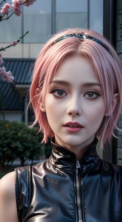 Young woman, porcelain skin, short pink hair, heart-shaped face, wide forehead, thin pink eyebrows, big jade green eyes, long eyelashes, buttoned nose, peach lips, black leather dress, Sakura Haruno, 3d, realistic, realism, high focus, details, futuristic ...