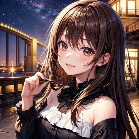 anime、beautiful girl、brown hair、black eyes shine、bridge、night、light up、happy face、Choco