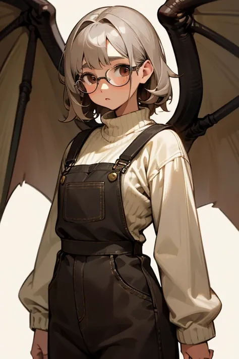 girl,light skin,brown short messy hair,dark skirt with long sleeves made of knitting
​,brown overalls,big silver dragon wings,white eyes,chubby body,14 years old,glasses as her kneckle