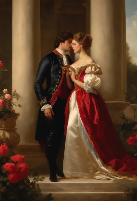 ​((Baroque style painting of two men)) earrings, beautiful and sensual young men, lascivious and mischievous face, dressed in red, black and gold clothes in the style of the Victorian era, clean eyes, sexy and shapely mouth, long silky hair falling on her ...