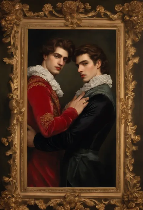 ​((Baroque style painting of two men)) earrings, beautiful and sensual young men, lascivious and mischievous face, dressed in red, black and gold clothes in the style of the Victorian era, clean eyes, sexy and shapely mouth, long silky hair falling on her ...