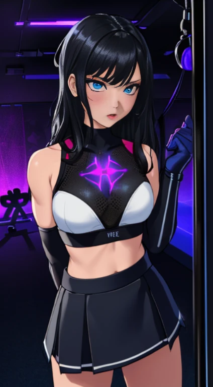 top-quality、Top image quality、​masterpiece、girl with((cute little、18year old、Best Bust、Medium bust、Bust 85,Beautiful blue eyes、Breasts wide open,Long Black Hair、A slender、Middle knot、Black Sports Bra、White short skirt,Reflecting the whole body、Black perfor...