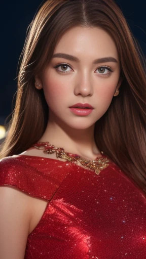 ((Night view, realistic light, best quality, 8k, masterpiece: 1.3)), 1girl, pretty woman with slim figure: (brown hair: 1.3), red dress, stand with bent leg, super detailed face, detailed eyes, double eyelids, very realistic 