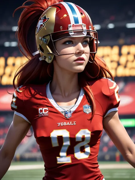 Photorealistic image ((masterpiece)), ((high quality)) UHD 8K, of a fNFL woman, (medium chest), (thin waist), wearing (sexy football uniform, NFL. red and gold), (NFL helmet), bright blue eyes, long red hair, playing on a football field