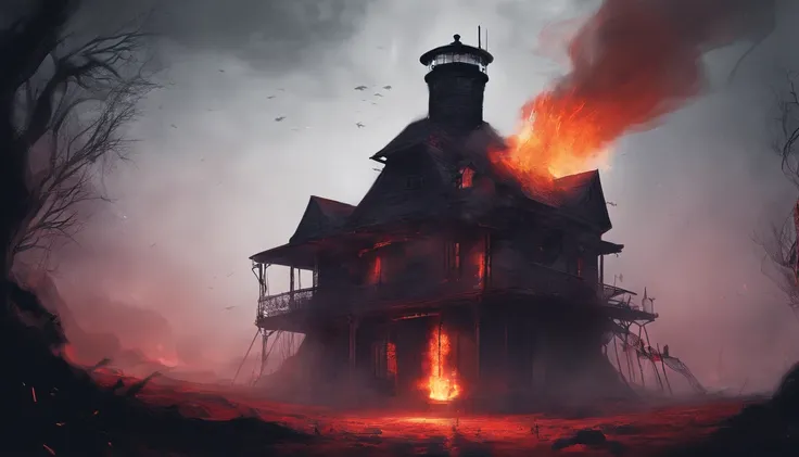 Otherworldly mysterious creatures, Terrifying atmosphere, Fire, Smoke, hyper photorealism, High quality, Masterpiece, blod, dead body, knife, light house,