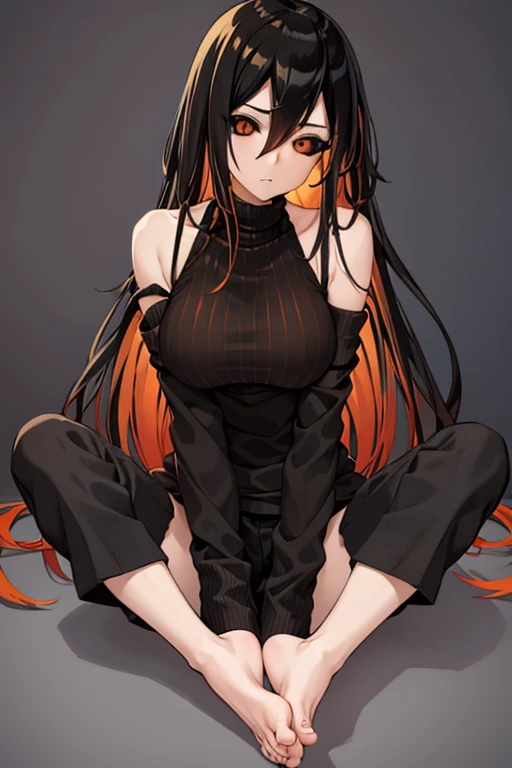 best quality, masterpiece, blackholev4, 1girl, solo, breasts orange eyes, personification, colored inner hair, hair censor, sitt...