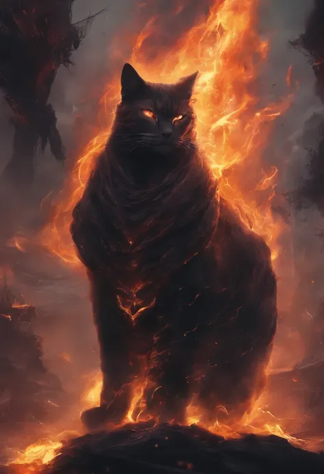 Otherworldly mysterious creatures, Terrifying atmosphere, Fire, Smoke, hyper photorealism, High quality, Masterpiece,cinematik,god,Cat,dog