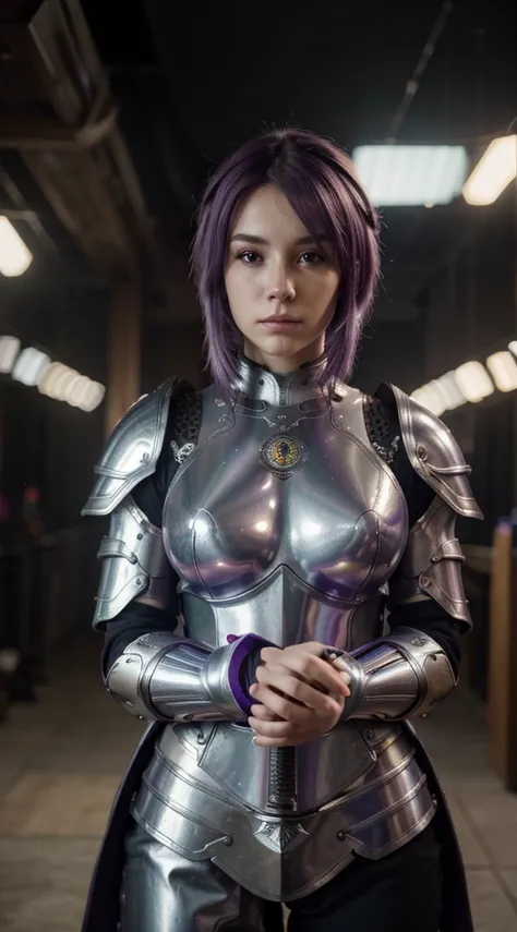 (best quality,4k,highres,masterpiece:1.2),ultra-detailed, HDR photography, vivid colors,bokeh,portrait,studio lighting,woman,purple hair,sidecut hair style, silver armor, sacred paladin, giant sword