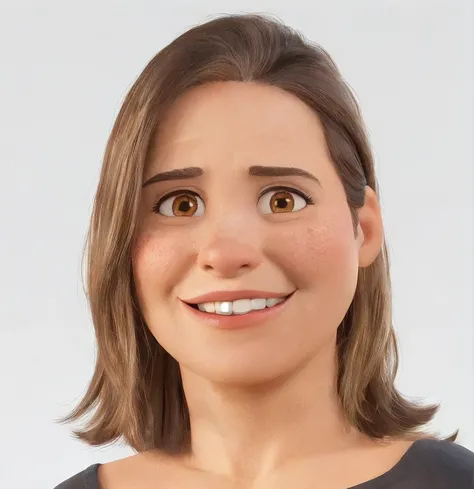 copiar todos os detalhes da imagem, mulher sorridente com dentes aparentes, 45 anos de idade, olhar perfeito, disney pixar, uma camisa marrom e um fundo branco, cabelos castanhos claros curtos, medium brown eyes, with expression lines on the sides of the m...