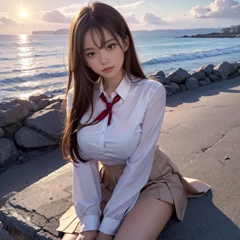 top-quality, ​masterpiece, high-detail, 16k picture quality,Photonic style, At the coastline where the sun sets over the sea, a beautiful high school girl in a uniform is sitting. She has medium-length light brown hair, and she’s wearing a white blouse and...