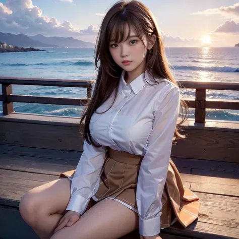 top-quality, ​masterpiece, high-detail, 16k picture quality,Photonic style, At the coastline where the sun sets over the sea, a beautiful high school girl in a uniform is sitting. She has medium-length light brown hair, and she’s wearing a white blouse and...