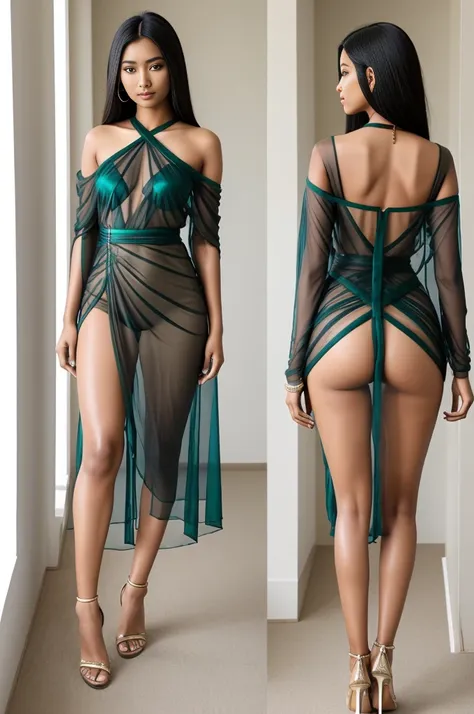 japanese indian african model, sheer dress, iridescent dress, narrow waist, wide hips, thick thighs