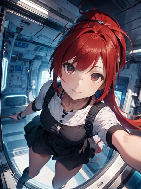 1 girl, (young girl), redhead, long hair, (ponytail), ponytail, red eyes, (wearing a dress), Pretty dresses, ((fly in space)), ((Flight above)),(((details face))), ((with a sword)), whole body