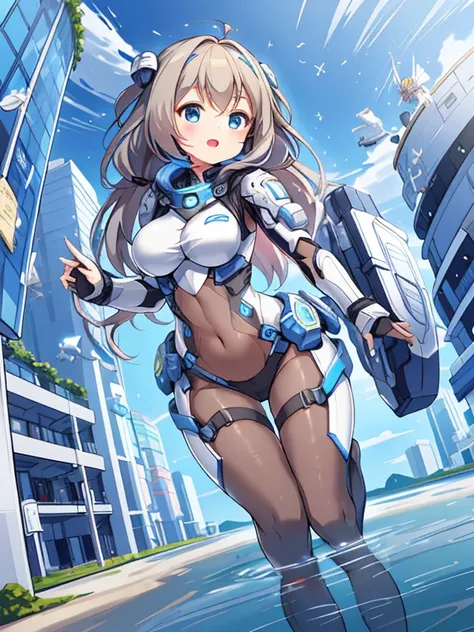 extreme detail,masterpiece,future city,with a girl (Energy Shield):1.3,Tight Fit Bodysuit,protect yourself from danger,use a shield in battle,Futuristic buildings,flying car,the shield becomes brighter,repel the invaders