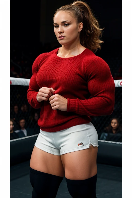 Marion jones,, ronda rousey. Generate a full length fashion portrait of a heavily muscled iff pro female bodybuilder , her makeup, hair, she is dressed in a tight fluffy woolen sweater, tight miniskirt, white knee high socks, lighting, environment