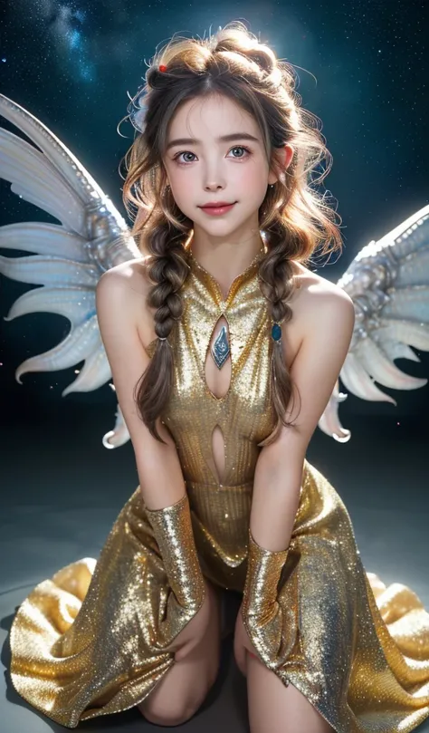 masterpiece, best quality, extremely detailed CG unity 8k wallpaper, ,, ,(Upper Body head close-up shot of a beautiful Cthulhu Cyborg little girl), , braid fair,((Mckenna Grace)), , colourful,((Silver golden Loving heart-shaped pupil))， (()),(many Magic Ey...