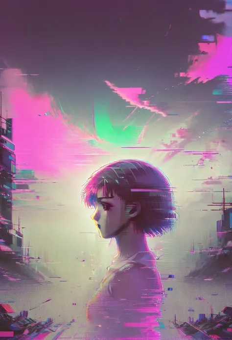 vaporwave art, vaporwave aesthetic, neon, anime girl glitch, lainialain, by alena aenami, panoramic, ultra high saturation, (bes...