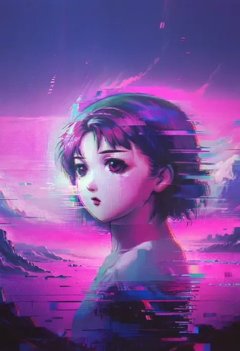 vaporwave art, vaporwave aesthetic, neon, anime girl glitch, lainialain, by alena aenami, panoramic, ultra high saturation, (bes...