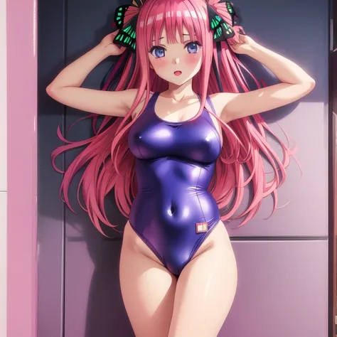 masterpiece, best quality, ultra detailed, best illustration, nsfw, 1girl, one-piece swimsuit, nakano nino, pink hair, butterfly hair ornament