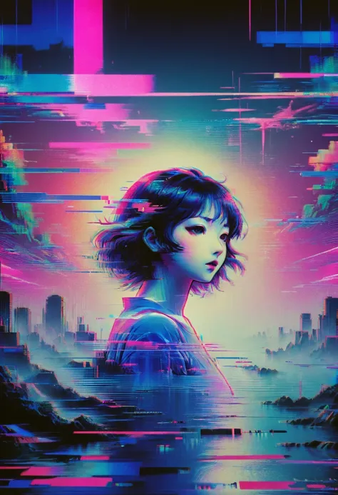 vaporwave art, vaporwave aesthetic, by satoshi kon, neon, ral-glydch, vhs glitch, panoramic, ultra high saturation, (best qualit...