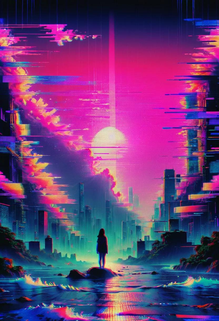 vaporwave art, vaporwave aesthetic, by satoshi kon, neon, ral-glydch, vhs glitch, panoramic, ultra high saturation, (best qualit...