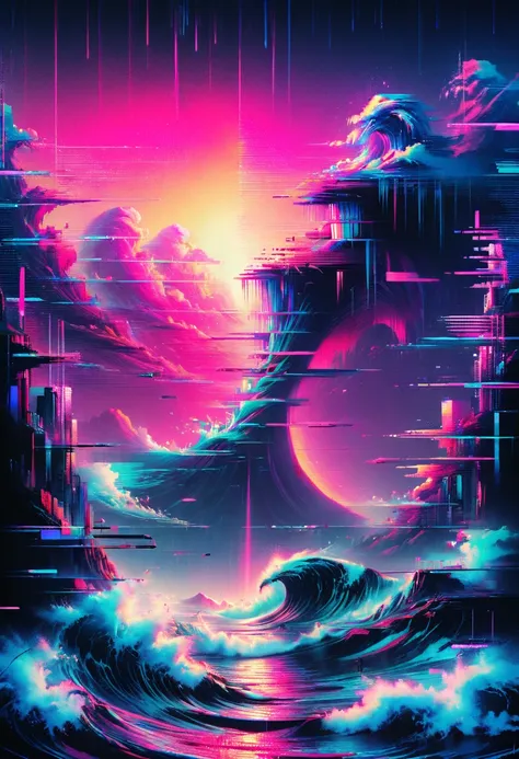 vaporwave art, vaporwave aesthetic, by cyril rolando, neon, ral-glydch, vhs glitch, panoramic, ultra high saturation, (best qual...