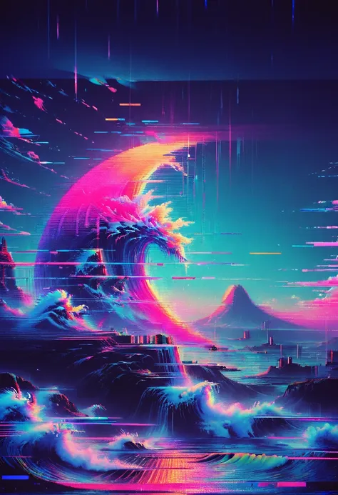 vaporwave art, vaporwave aesthetic, by miki asai, neon, ral-glydch, vhs glitch, panoramic, ultra high saturation, (best quality,...