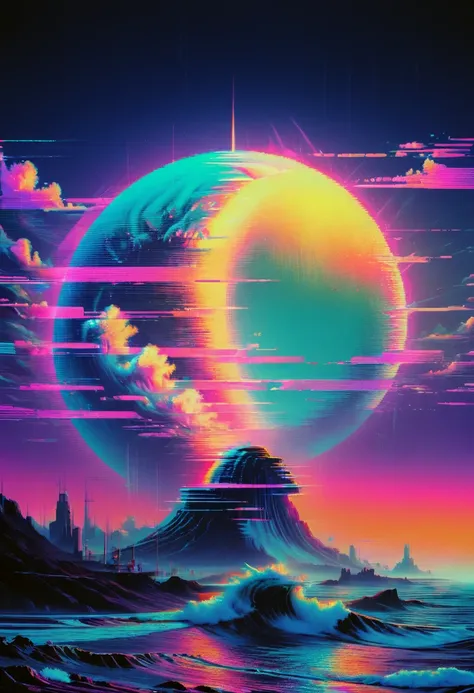 vaporwave art, vaporwave aesthetic, by ralph mcquarrie, neon, ral-glydch, vhs glitch, panoramic, ultra high saturation, (best qu...