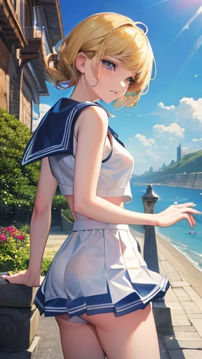 very high definition,very realistic, 8ｋimage quality, european junior high and high school girls, Beautiful girl with her back turned, put one hand on the floor, blonde, Butt is the main character, back view,  short hair, small breasts, beautiful feet, sli...