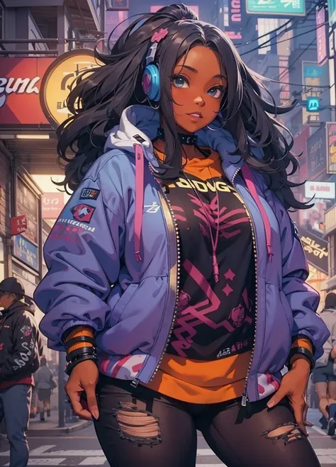 Masterpiece, best quality, (highly detailed CG unity 8k wallpaper), (best quality), (best illustration)a chubby woman with long black hair wearing a jacket and pants, African American skin, girl fanart, she is wearing streetwear, detailed anime character a...