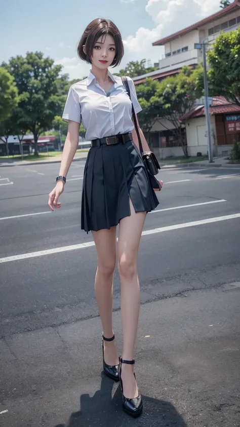 highest resolution, 8K, high definition, (((short hair))), Thai Students, Half Thai, half Japanese, half Korean., Height 173 centimeters, (((stand, walk))), Beautiful face, แต่งBeautiful face, Double eyelids, red lips, smile at the corner of the mouth, bea...