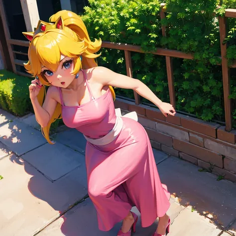 1girl, Princess Peach , cabello rubio, vestido rosa, ruborizada, escote, sexy, standing