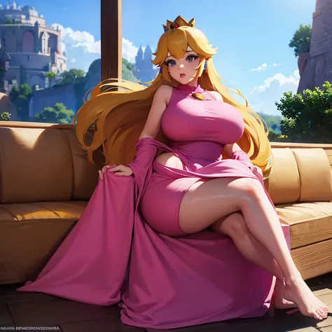 1girl, Princess Peach, rubia, vestido rosa, ruborizada, Curvy body, gigantic breast, escote, sexy, sitting